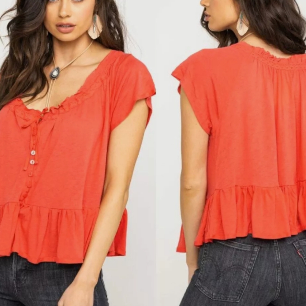 A-2 NEW Free People Top Coral Peplum flowy Top Size small